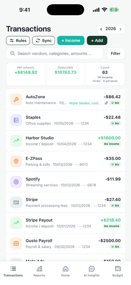 Transactions sorted into business and personal